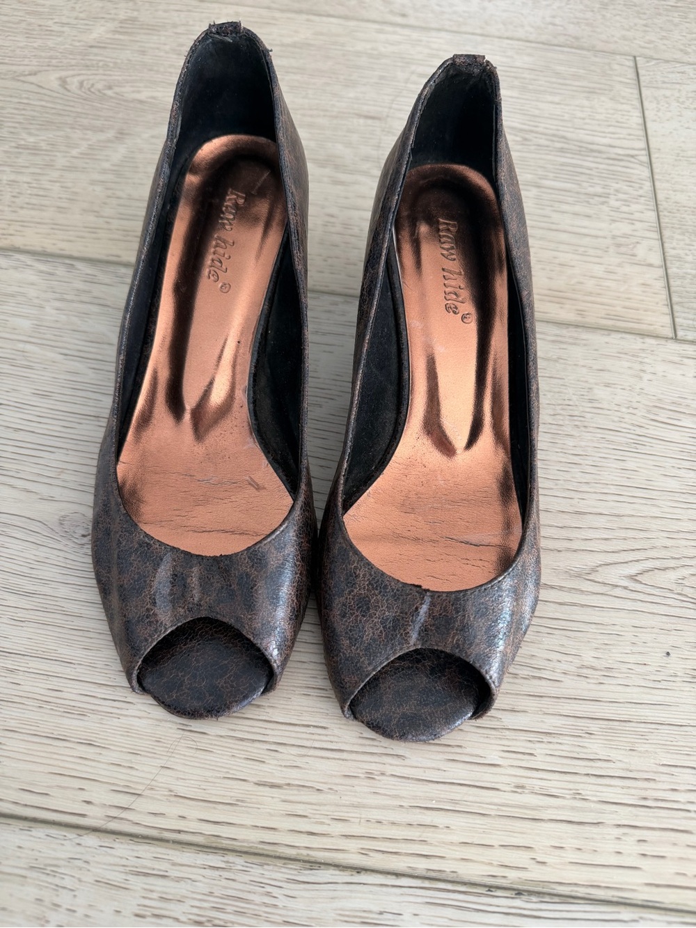 Peep Toe Women's Heels in Distressed Brown Faux Leather
